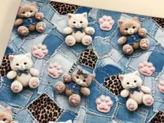 シーチング綿100%生地幅110cm×1m デニム風 パッチワーク 猫柄6227