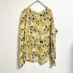 【L】 イエロー 長袖 Tシャツ 春 花柄 カジュアル 古着 綿 ロンＴ