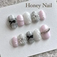 【現品発送】ネイルチップ＊ギンガムチェック ベビーピンク チュールネイル