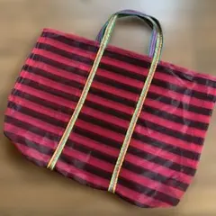 漁師網バッグ　赤黒ボーダー　ナイロンメッシュトート　エコバッグ大容量　台湾土産