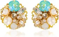 イヤリング レディース スワロフスキー 樹脂 ゴールド　ブルー　パール　大きめ