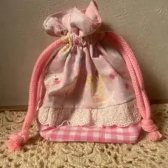 ハンドメイド　うさぎとパフェのピンクコップ袋　巾着