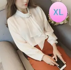 ブローチ付きボウタイブラウス XL 白シャツ パール レディースフォーマル 通勤