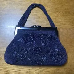 アンティークビーズバック　ダークブルー 花模様