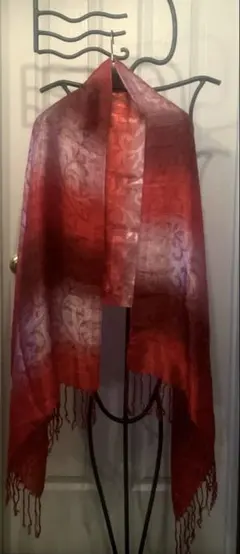 大判　ショール スカーフ　フリンジ　薄手　ストール　赤系