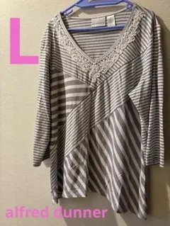 alfred dunner ストライプ L ゆったり　レース　Tシャツ
