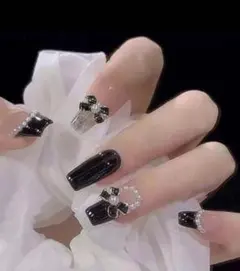 ネイルチップ リボン 量産型 地雷系 韓国 かわいい おしゃれ 黒 ピンク