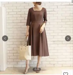 STYLE DELI オフィス　スクエアネック7分袖ワンピ M ブラウン