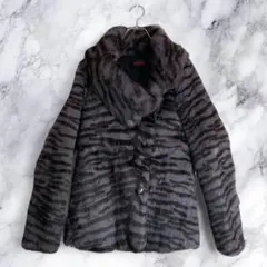J‐ANIS　ラビット100%リアルファーコート　グレー ブラック　ゼブラ柄