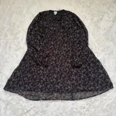 【ワンピース】総柄　花柄　胸元リボン　サイズＳ　シースルー　古着