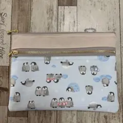 ハンドメイド　ダブルファスナーポーチ　ペンギン