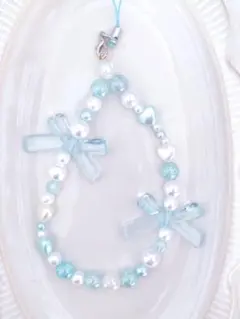 水色リボン〰︎︎ビーズストラップ 約16cm B778