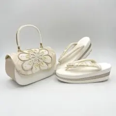豪華ビーズパール刺繍 西陣帯地　振袖バッグ草履セット 　アイボリー