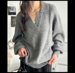 グレー Vネック ポロシャツスタイル ニット