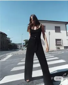 【タグ付き•新品、未使用】ベルト付きワイドレッグジャンプスーツ S ブラック