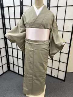 単衣】長尺＊お召小紋 細やか角通し柄 黒緑×グレー 正絹 普段着物 