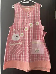 エプロン うさぎ 保育士 花 チェックピンク