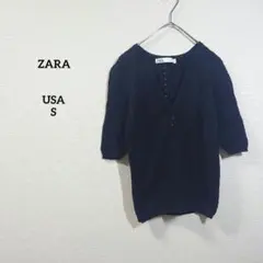 ザラ　半袖　サマーニット　Vネック 透け感　ブラック　編み目　　レディース