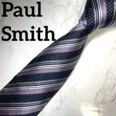 【極美品】ポールスミス ネイビー マルチカラーストライプ ドット ネクタイ 光沢