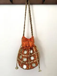 フミカウチダ vintage ビジュー ショルダーバッグ 巾着 オレンジのサムネイル
