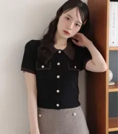 ナイスクラップ 金ボタン配色衿ニットトップス ポロシャツ ブラック