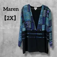 90s USA製 Maren【2X】総柄 ノーカラー シャツ ジャケット レトロ