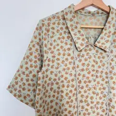 古着 シャツ 半袖 5分袖 レース 花柄 フラワー ミント ゆったり 個性 総柄