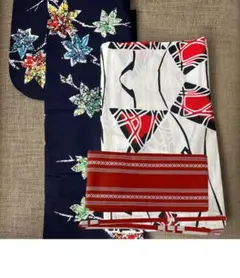 昭和レトロ 浴衣セット 帯　2枚　虹色　紅葉　レインボー　赤　紺 アンティーク