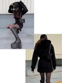 GRLタグ付き ファーフードジップパーカー×ミニスカートセットアップ tu935