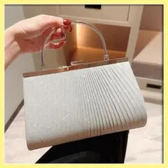 2wayパーティバッグ ハンドバッグ がま口プリーツ 結婚式お呼ばれ上品 銀