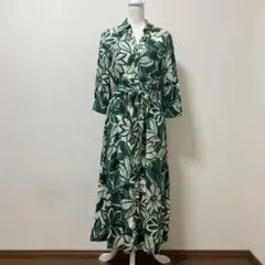 ザラ　花　花柄　リーフ柄　グリーン　ロングワンピース　秋　アート　デザイン