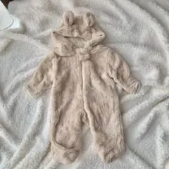 ベージュ フリースロンパース クマ耳付き