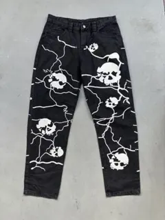 y2k faded black baggy denim skull paint