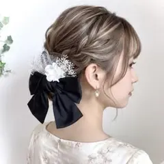 No.26 黒のサテンリボンのバレッタ ＋白のフラワーピンの5点セット