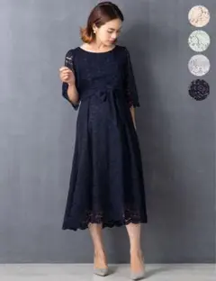 [マタニティ、授乳期のママ向け]　ネイビー レース フレアドレス