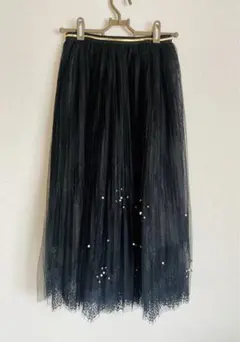 チュールロングスカート 黒 パール