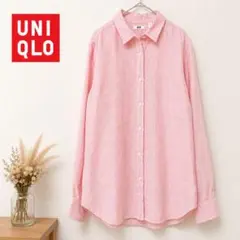 UNIQLO ユニクロ XL ピンク ストライプ リネンシャツ 長袖 麻混
