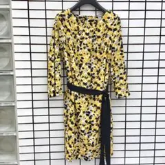 新品*H&M/総柄 トロミ 膝丈ワンピース 長袖■黄×黒系 40