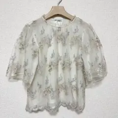 mysty woman 花柄刺繍 レースブラウス 半袖 アイボリー