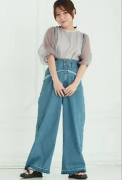 【tal.by yumi】しまむら パープル グレー チュール切替え カットソー