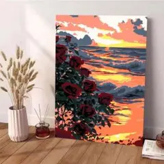 海とバラと夕焼け　数字油絵 手塗り DIY絵 デジタル油絵 20*30cm