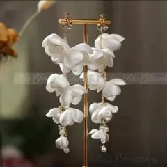 お花白大ぶりフラワーロングイヤリングブライダルウェディング結婚式前撮りパーティー