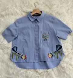 ZARA BASIC ストライプ刺繍半袖シャツ