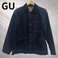 ジーユー　ダークブルーデニムカバーオール　コーデュロイ襟　ボタン留め　メンズ　M