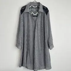 ストライプ長袖シアーシャツ　M レース　ブラウス　体型カバー　丈長　a1431