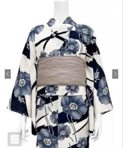 白 紺 花柄 浴衣 帯、パールベルト付きのサムネイル