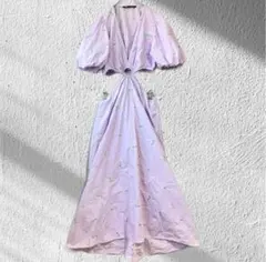 ザラ ワンピース ドレス S 花柄刺繍 カットアウト パフスリーブ マキシ丈