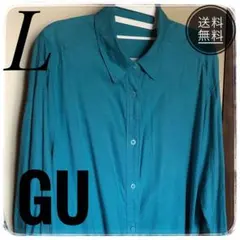 GU リネンブレンドオーバーサイズシャツ 長袖 64ブルー　ウィメンズ