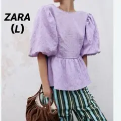 【新品】ZARA リボン付きストライプ柄パフスリーブブラウス Lのサムネイル