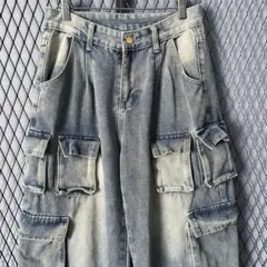 【雰囲気抜群】デニムカーゴポケットパンツ ワイドバギー 多機能ポケット 古着